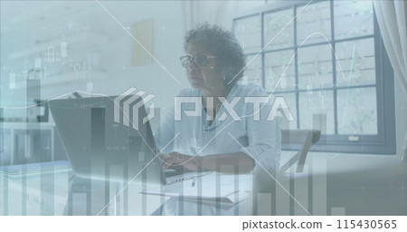 Image of financial data processing over senior woman using laptop paying bills online at home Image of financial data processing over senior woman using laptop paying bills online at home 115430565