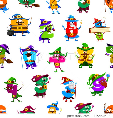 Halloween math number wizard and mage characters seamless pattern. Vector tile background with funny mathematics personages. Zero, two, three, four and plus. Five, nine and one digit magical sorcerers 115430592