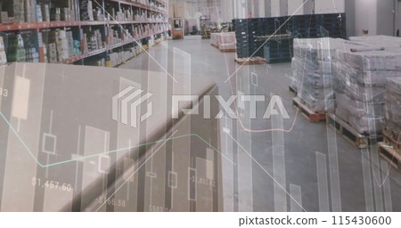 Digital composition of statistical data processing against warehouse in background Digital composition of statistical data processing against warehouse in background 115430600