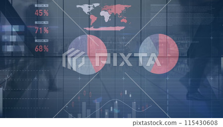 Image of financial data processing over business people walking in office Image of financial data processing over business people walking in office 115430608