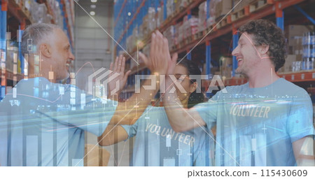 Statistical data processing over male and female volunteers high fiving each other at warehouse Statistical data processing over male and female volunteers high fiving each other at warehouse 115430609