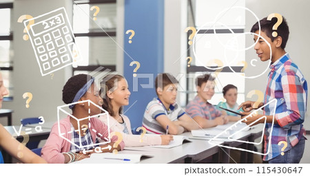 Image of school icons over diverse schoolchildren in classroom Image of school icons over diverse schoolchildren in classroom 115430647