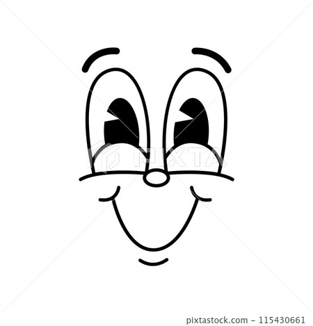 Cartoon funny groovie emoji face, comic retro emotion with big eyes, vector cute character. Groovy emoticon face with happy smile mouth, cheerful or funky silly face in retro cartoon doodle animation 115430661