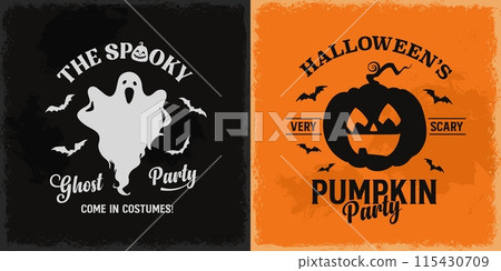 Halloween retro banners with pumpkin and spooky ghost for holiday horror night, cartoon vector. Halloween trick or treat party vintage posters with bats and scary pumpkin lantern on grunge background Halloween retro banners with pumpkin and spooky ghost for holiday horror night, cartoon vector. Halloween trick or treat party vintage posters with bats and scary pumpkin lantern on grunge background 115430709