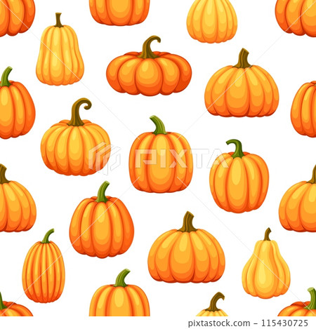Cartoon ripe raw pumpkins seamless pattern. Vector background in warm orange hues intertwining gracefully, creating vibrant and autumnal motif that exudes the essence of harvest and seasonal abundance 115430725