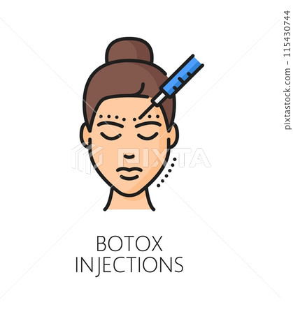 Botox injections cosmetology and mesotherapy, face care line color icon. Anti aging cosmetics or face skincare injections thin line vector symbol. Woman beauty product or mesotherapy outline pictogram 115430744
