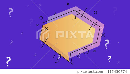 Image of geometrical shapes and question mark over blue background Image of geometrical shapes and question mark over blue background 115430774