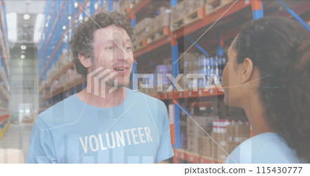 Statistical data processing over diverse male and female volunteers hugging each other at warehouse 115430777