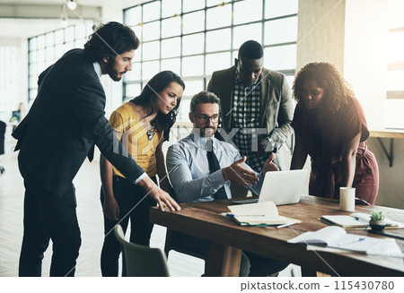 Presentation, laptop and business people meeting in office for teamwork, partnership and communication. Corporate, colleagues or group with tech discuss company plan for workshop, proposal or project 115430780