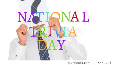 Image of national trivia day text over caucasian businessman with question mark 115430781