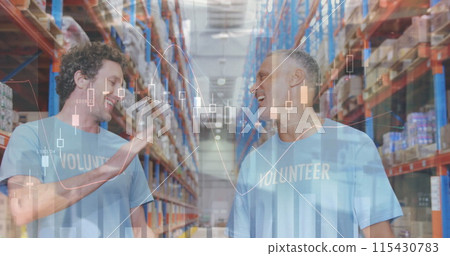 Statistical data processing over two caucasian male volunteers high fiving each other at warehouse Statistical data processing over two caucasian male volunteers high fiving each other at warehouse 115430783