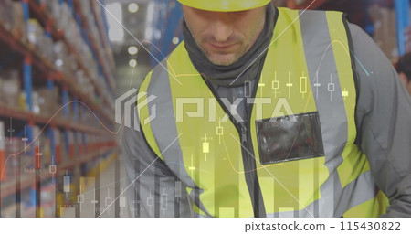 Statistical data processing against caucasian male worker using scanning device at warehouse 115430822