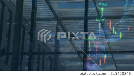 Image of statistics and financial data processing over business people in office building 115430846