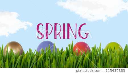 Image of spring text and easter eggs over blue background Image of spring text and easter eggs over blue background 115430863