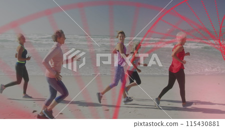 Image of spinning dna strand over caucasian senior group of woman running on the beach Image of spinning dna strand over caucasian senior group of woman running on the beach 115430881