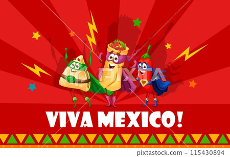 Viva Mexico banner with Tex Mex Mexican food superhero characters, cartoon vector. Mexican cuisine food funny burrito, quesadilla and chili pepper in super hero or guardian costumes and magic capes Viva Mexico banner with Tex Mex Mexican food superhero characters, cartoon vector. Mexican cuisine food funny burrito, quesadilla and chili pepper in super hero or guardian costumes and magic capes 115430894