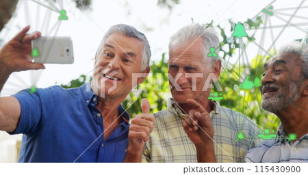 Image of falling icons over diverse group of senior men using smartphone Image of falling icons over diverse group of senior men using smartphone 115430900