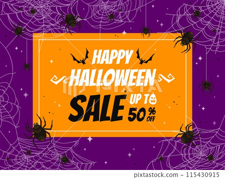Happy Halloween sale banner with black spiders in cobweb for holiday discount promotion, vector background. . Halloween sale and discount promo deal for 50 percent off with trick or treat spiderwebs Happy Halloween sale banner with black spiders in cobweb for holiday discount promotion, vector background. . Halloween sale and discount promo deal for 50 percent off with trick or treat spiderwebs 115430915
