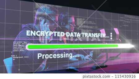 Image of data processing over diverse business people using phone headsets Image of data processing over diverse business people using phone headsets 115430916