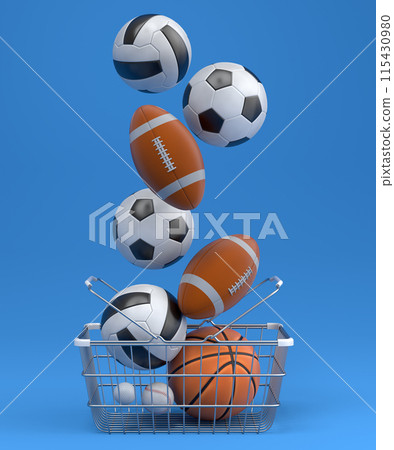 Set of ball like basketball, football and golf in shopping basket on blue 115430980