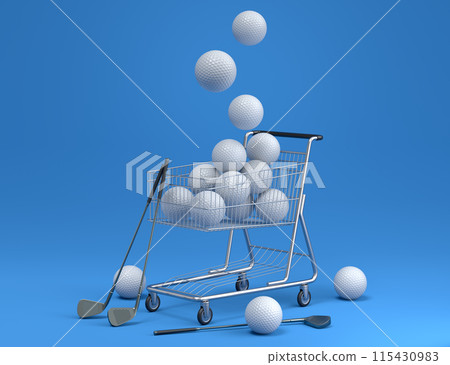 Set of ball like basketball, football and golf in shopping cart on blue 115430983