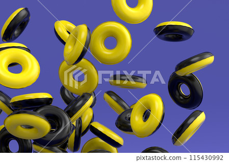 Many of flying inflatable ring for swimming pool isolated on violet background 115430992