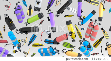 Many of flying scuba stuff like oxygen tank, flip flops and scuba mask on white Many of flying scuba stuff like oxygen tank, flip flops and scuba mask on white 115431009