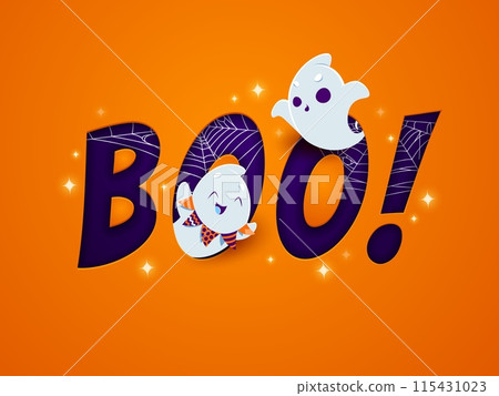 Cute kawaii ghost characters on Halloween paper cut boo banner. Fall season horror party, Happy Halloween holiday 3d vector backdrop with happy smiling ghosts kawaii personages, typography and cobweb Cute kawaii ghost characters on Halloween paper cut boo banner. Fall season horror party, Happy Halloween holiday 3d vector backdrop with happy smiling ghosts kawaii personages, typography and cobweb 115431023