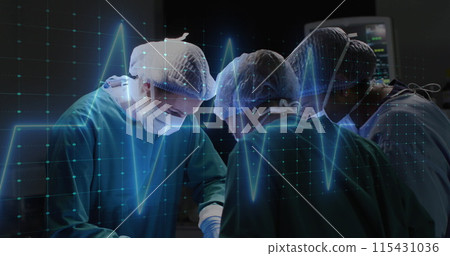 Image of cardiograph over diverse surgeons operating on patient at hospital 115431036