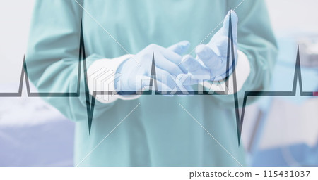 Image of cardiograph over surgeon wearing medical gloves at hospital 115431037
