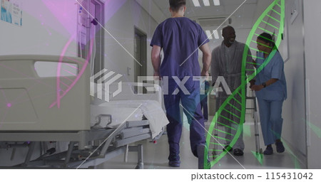 Image of dna strand and connections over diverse doctor and patient at hospital Image of dna strand and connections over diverse doctor and patient at hospital 115431042