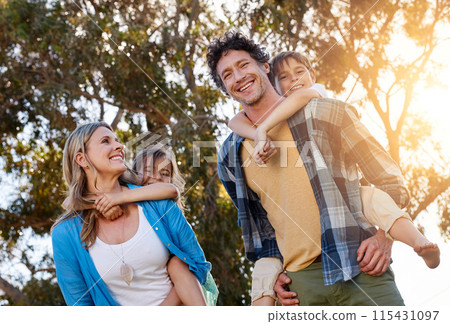 Happy family, walking and piggyback for kids with parents in a park with love, games and fun bonding in nature. Support, playing and people in a forest for back ride, travel and trust on vacation 115431097