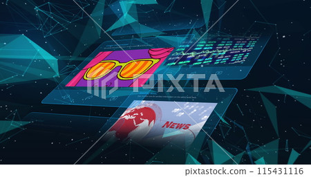 Image of social media posts over connections on black background 115431116