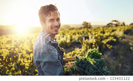 Portrait, farmer and man with plants, vegetables and agriculture with sunshine, harvest and sustainability. Organic produce, face and guy with fresh food, summer and nature with nutrition and ecology Portrait, farmer and man with plants, vegetables and agriculture with sunshine, harvest and sustainability. Organic produce, face and guy with fresh food, summer and nature with nutrition and ecology 115431122