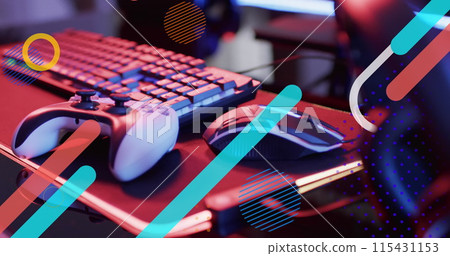 Image of neon lines over image game computer equipment Image of neon lines over image game computer equipment 115431153