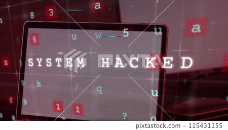 Image of system hacking data processing over laptop with blank screen Image of system hacking data processing over laptop with blank screen 115431155