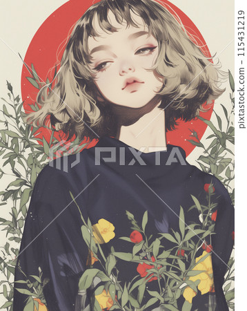 Illustration of a Japanese woman wearing floral clothing 115431219