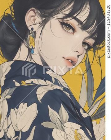 Illustration of a Japanese woman wearing a floral kimono 115431220