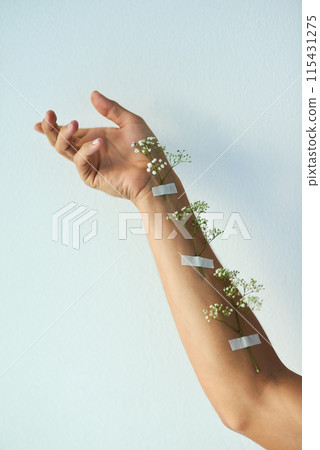 Space, skincare or hand with flower tape in studio for natural, sustainable or eco friendly cosmetics on blue background. Art, healing or person with babys breath plant pattern for self care growth 115431275