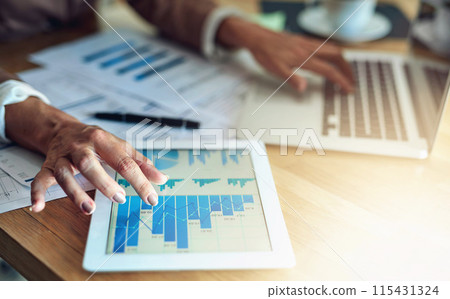 Hands, screen and businessperson with data on tablet at desk for graphs, charts or digital statistics in office. Lens flare. laptop and employee for kpi update, economy growth or review documents 115431324