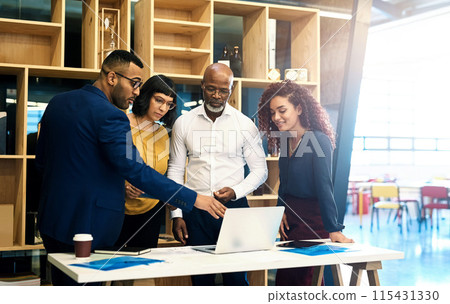 Team, meeting and collaboration with laptop, web design and business people with discussion. Startup, management and professional planning with our vision for website at creative and tech company 115431330