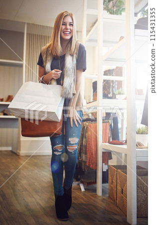 Smile, woman and shopping bag for retail fashion package as customer, commerce or luxury products as discount sale. Happy, female client and paper bag of clothes as designer brand in Paris holiday 115431355