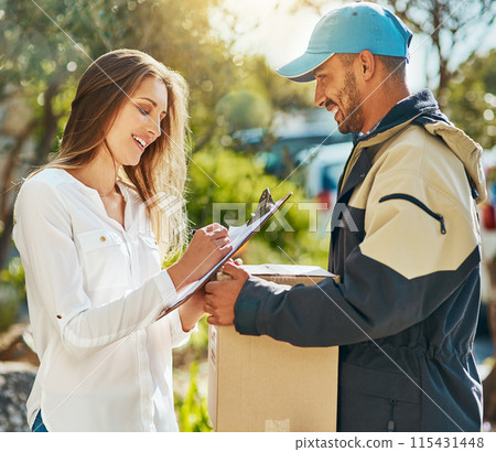 Happy, delivery man and customer signature with clipboard and cardboard box for retail shipping and supply chain. Male courier, document or paper for mail transport or fragile parcel distribution Happy, delivery man and customer signature with clipboard and cardboard box for retail shipping and supply chain. Male courier, document or paper for mail transport or fragile parcel distribution 115431448