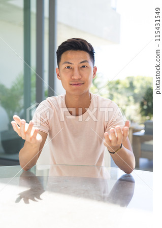 Young Asian man gestures during a conversation at home on a video call 115431549