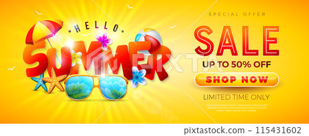Summer Sale Design with Flower, Beach Holiday Elements and Paper Text Label on Yellow Background. Tropical Floral Vector Illustration with Special Offer Typography for Coupon, Voucher, Banner, Flyer 115431602