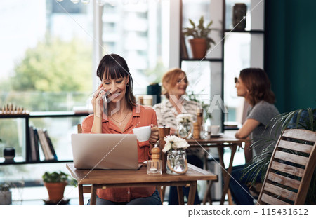 Phone call, laptop and woman in cafe, smile and chat for project, copywriting and business or company. Coffee shop, employee and communication for person in B2B, writer and working with happiness Phone call, laptop and woman in cafe, smile and chat for project, copywriting and business or company. Coffee shop, employee and communication for person in B2B, writer and working with happiness 115431612