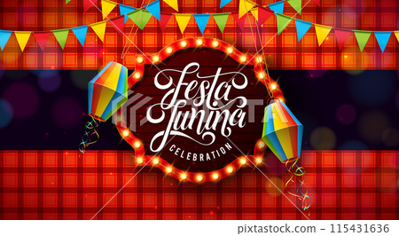Festa Junina Illustration with Light Bulb Garland, Colorful Paper Lantern and Typography Letter on Red Checkered Background. Vector Festa de Sao Joao Brazilian June Traditional Holiday Festival Design 115431636