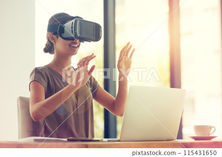 Business woman, VR headset and laptop for creativity with futuristic innovation and software review or test in office. Virtual reality, computer and worker girl with 3d tech for metaverse project Business woman, VR headset and laptop for creativity with futuristic innovation and software review or test in office. Virtual reality, computer and worker girl with 3d tech for metaverse project 115431650