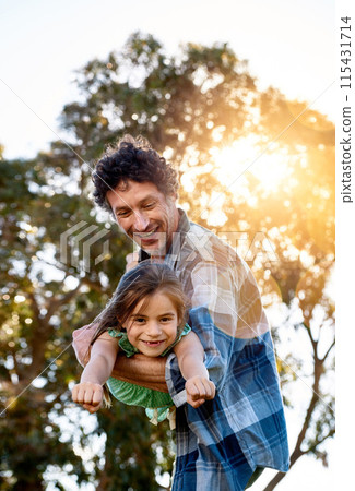 Father, portrait and child playing plane outdoor with happiness for summer or holiday as family. Man, girl and smile by tree in nature with fun for freedom, love and fun together as superhero flying Father, portrait and child playing plane outdoor with happiness for summer or holiday as family. Man, girl and smile by tree in nature with fun for freedom, love and fun together as superhero flying 115431714