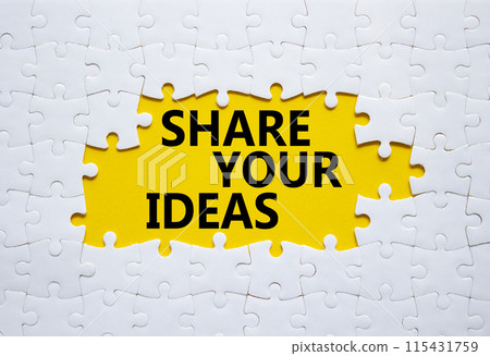 Share your Ideas symbol. Concept words Share your Ideas on white puzzle. Beautiful yellow background. Business and Share your Ideas concept. Copy space. Share your Ideas symbol. Concept words Share your Ideas on white puzzle. Beautiful yellow background. Business and Share your Ideas concept. Copy space. 115431759